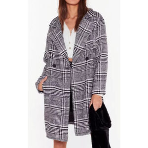 Nasty Gal Keep You In Check Longline Coat Black & White Women's L